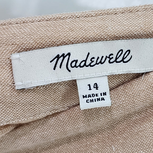 Madewell Women's Tan Linen Blend Ruffled Asymmetrical Hem Midi Faux Wrap Skirt - Picture 3 of 8